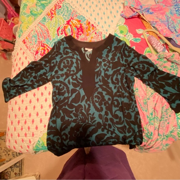 Chico’s Travelers Tunic size 2 (12/14) Foliage Tales Kurta 3/4 top Black Teal - Picture 8 of 13